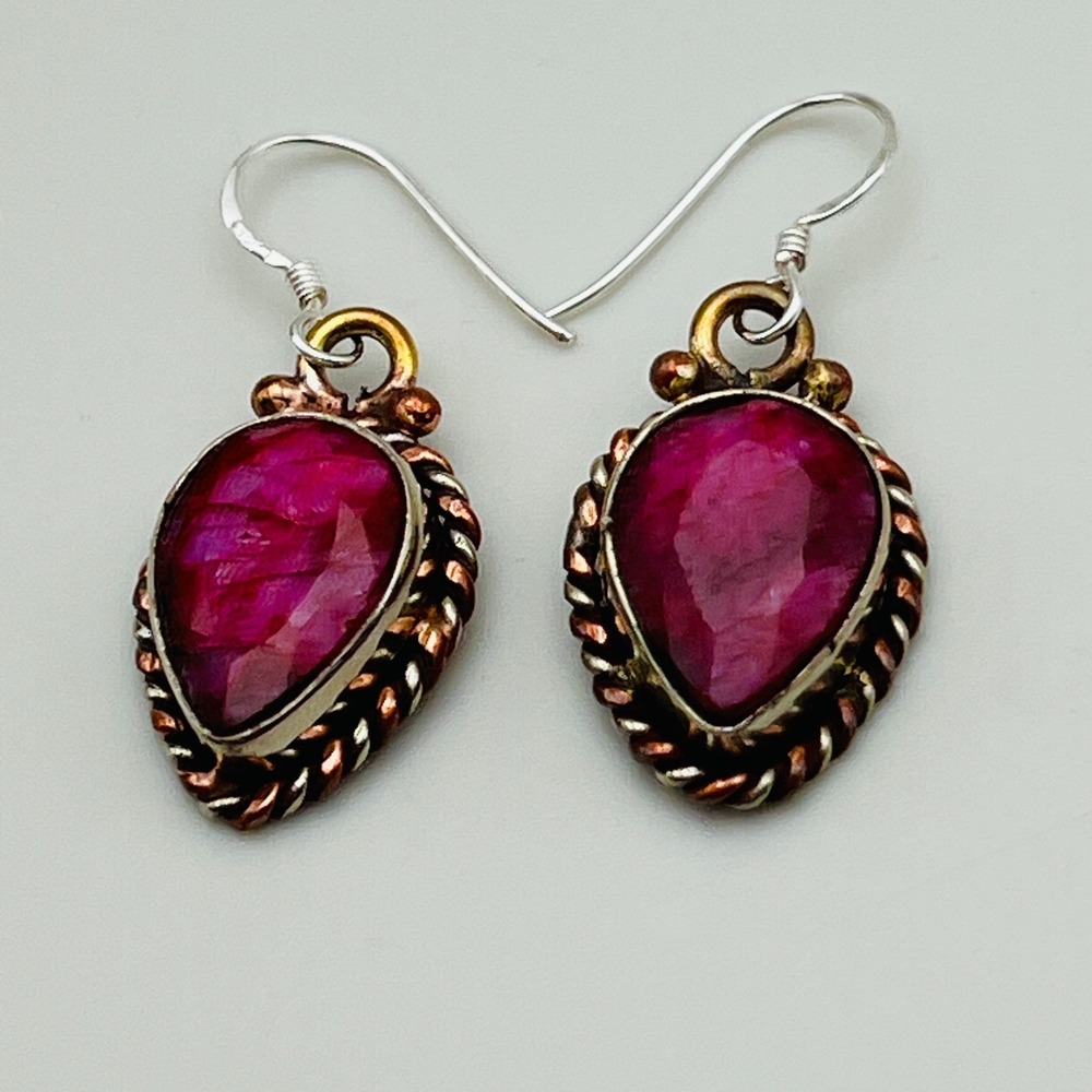 Mixed Metal Artisan Earrings Pierced Pink Teardrop Stone Boho Dangle